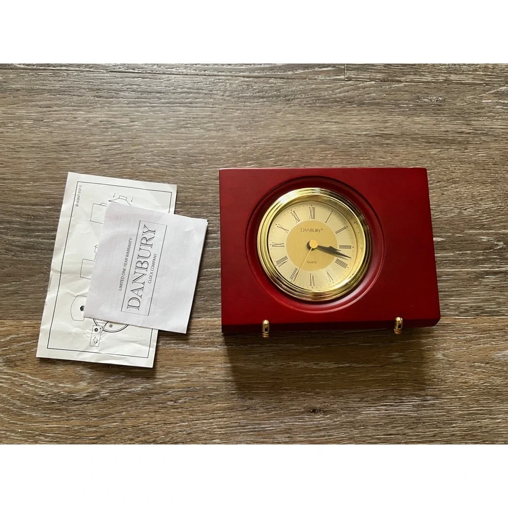 Danbury Desk Clock Cherry Wood Gold Tone Roman Numeral Quartz Movement